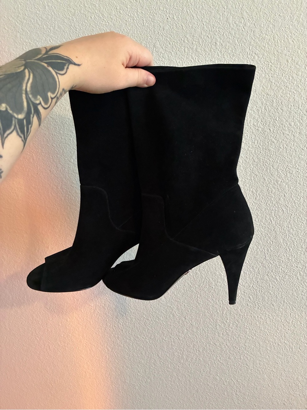 Michael Kors Elaine Black Suede Peep Toe Heeled Boots Size 8 - Picture 3 of 6